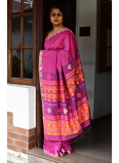 Purplish Pink,Handwoven Organic Cotton, Textured Weave , Jacquard, Work Wear, Jari Saree